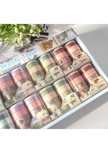 Vintage Washi Tape Bant Baskılı Yapışkanlı Maskeleme Kağıdı Desenli Bant 10'lu - Bordo Pul Mektup indirimleri