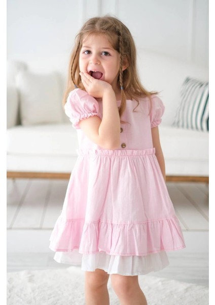 Alessi Mini Fırfır Detaylı Keten Kız Çocuk Elbise