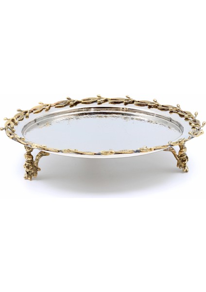 Gümüş Kaplama Bakır Yapraklı Yuvarlak Tepsi