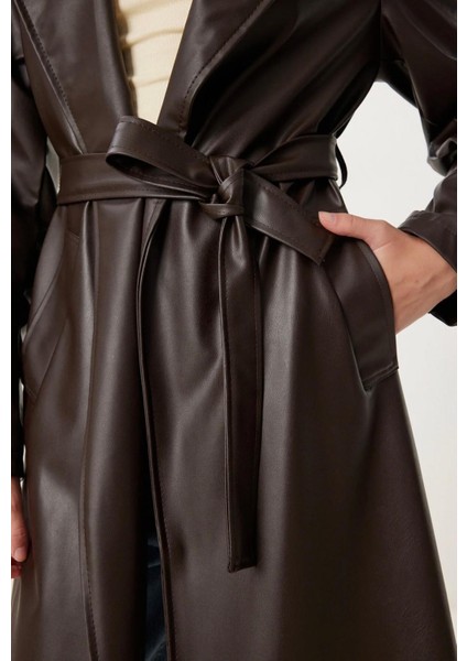 Kuşaklı Astarlı Deri Uzun Trenç Pardesü indirimleri