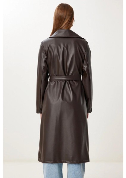 Kuşaklı Astarlı Deri Uzun Trenç Pardesü