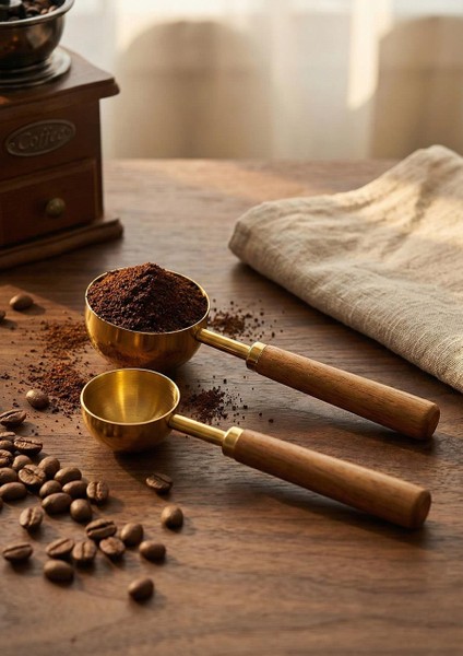 Ahşap Saplı Gold Ölçü Kaşığı Takımı - 2'li Kahve Ölçüm Kaşığı - 30 + 60 ml