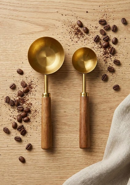 Ahşap Saplı Gold Ölçü Kaşığı Takımı - 2'li Kahve Ölçüm Kaşığı - 30 + 60 ml modelleri
