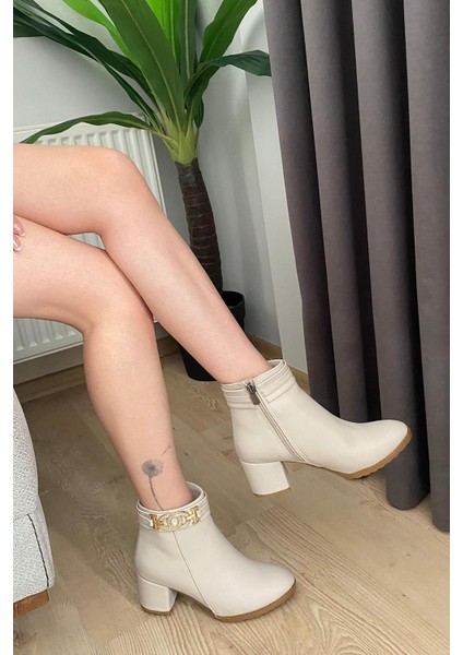 Kadın Hana Krem Cilt Taşlı Tokalı ( 6 cm ) Topuklu Oval Burun Bot fiyatları