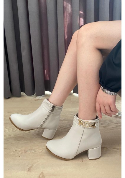 Kadın Hana Krem Cilt Taşlı Tokalı ( 6 cm ) Topuklu Oval Burun Bot indirimleri