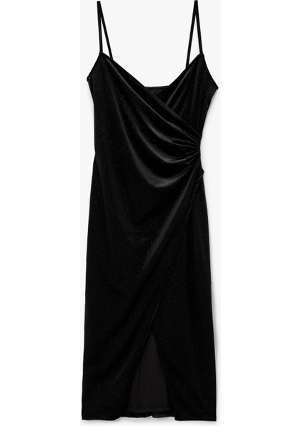 Simli Ip Askılı Drapeli Kruvaze Yaka Midi Slip Kadife Abiye Elbise