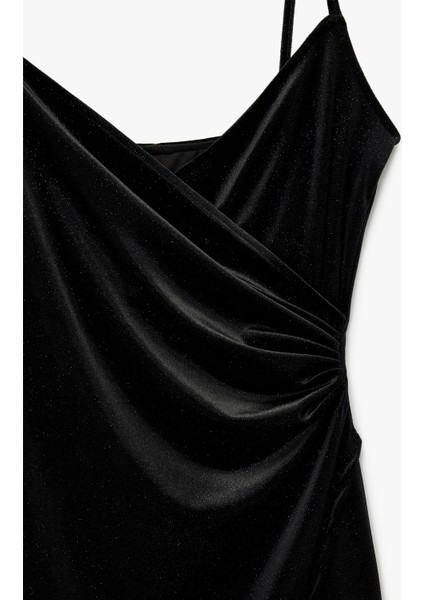 Simli Ip Askılı Drapeli Kruvaze Yaka Midi Slip Kadife Abiye Elbise modelleri