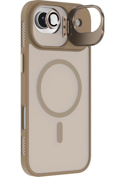 Apple iPhone 17 Air Lens Hediyeli Kapak Kamera Korumalı Wireless Şarj Özellikli Standlı Premium Kılıf - Çöl Titanyum