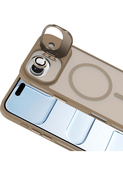 Apple iPhone 17 Air Lens Hediyeli Kapak Kamera Korumalı Wireless Şarj Özellikli Standlı Premium Kılıf - Çöl Titanyum modelleri