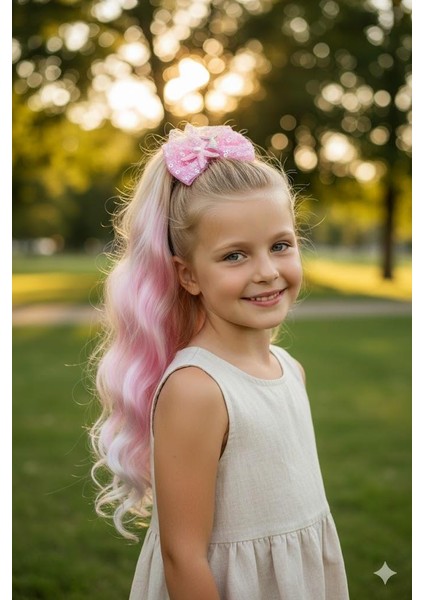 Peruk Saç Tokalı Uzun Deniz Kızı Modeli Pullu Pembeli Çıtçıtlı Toka 38CM