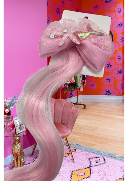 Peruk Saç Tokalı Uzun Deniz Kızı Modeli Pullu Pembeli Çıtçıtlı Toka 38CM modelleri