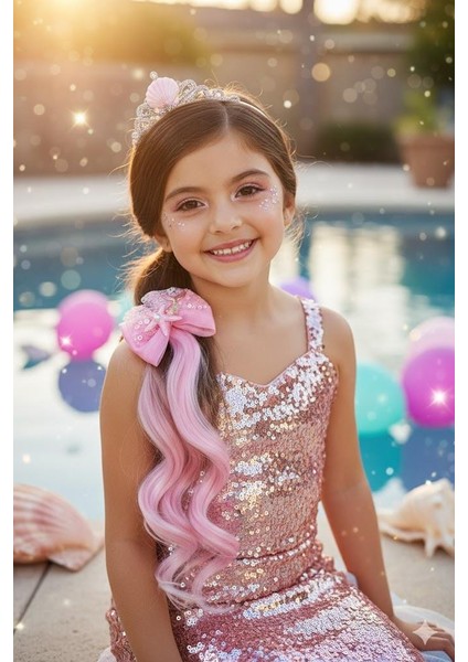 Peruk Saç Tokalı Uzun Deniz Kızı Modeli Pullu Pembeli Çıtçıtlı Toka 38CM fırsatları