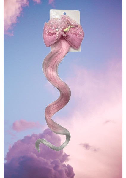 Peruk Saç Tokalı Uzun Deniz Kızı Modeli Pullu Pembeli Çıtçıtlı Toka 38CM