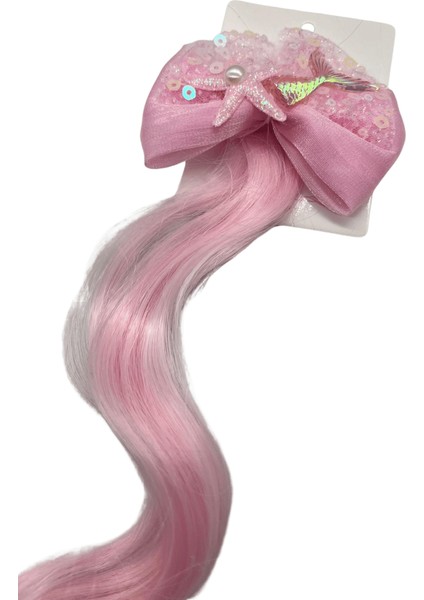 Peruk Saç Tokalı Uzun Deniz Kızı Modeli Pullu Pembeli Çıtçıtlı Toka 38CM