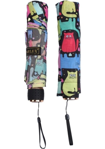 Renkli Kedi Desenli 8 Telli Manuel Rüzgara Dayanıklı Şemsiye