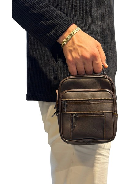 Erkek Hakiki Deri Dikey Kahverengi Küçük Boy El Çantası