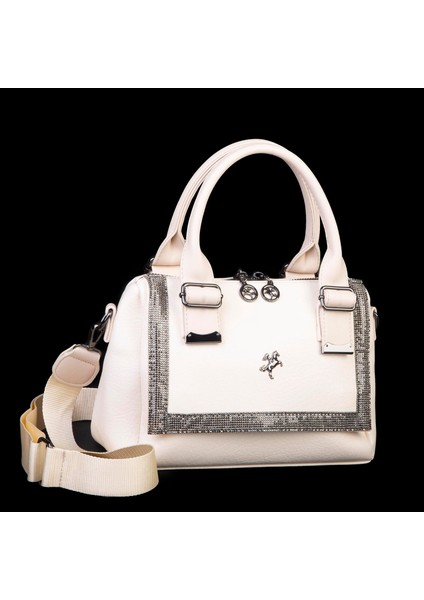 1455 Kadın Taşlı El ve Omuz Çantası Krem