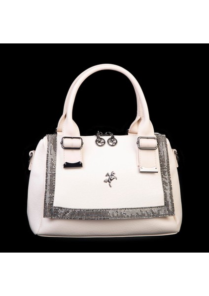 1455 Kadın Taşlı El ve Omuz Çantası Krem modelleri