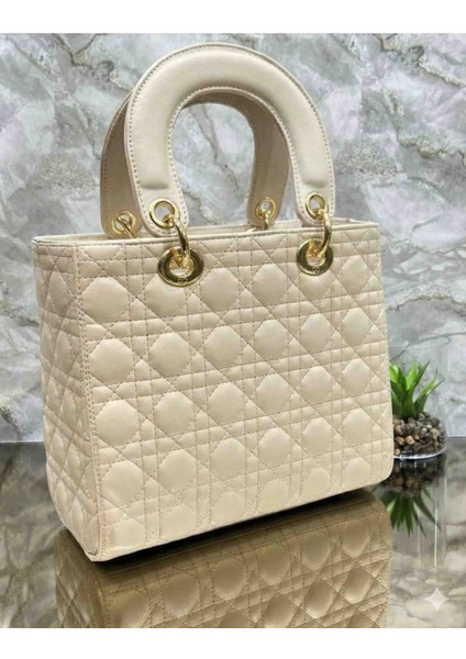 Premium Kalite Krem Kadın Omuz ve El Çantası – Altın Detaylı, Şık & Lüks Tasarım