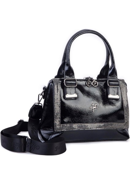 1455 Kadın Taşlı El ve Omuz Çantası Siyah Rugan