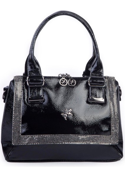 1455 Kadın Taşlı El ve Omuz Çantası Siyah Rugan fiyatları