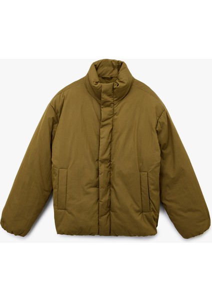 Uzun Kollu Fermuarlı Dik Yaka Kışlık Şişme Mont