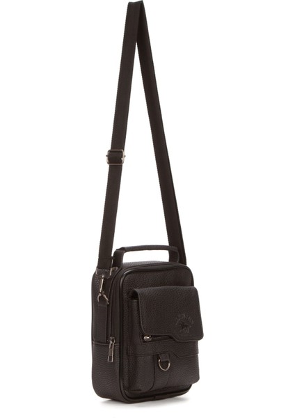 Erkek Siyah Suni Deri Telefon Bölmeli Çapraz El ve Omuz Çantası NEWPOLO378