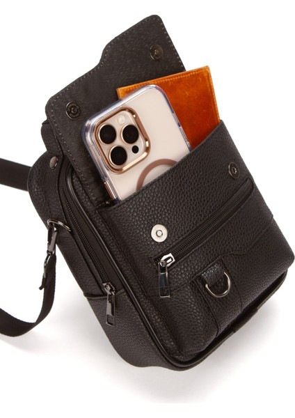 Erkek Siyah Suni Deri Telefon Bölmeli Çapraz El ve Omuz Çantası NEWPOLO378 fırsatları