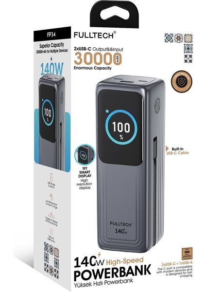 FP34 140W 30.000MAH Akıllı Ekranlı Hızlı Şarj Powerbank | 2xusb-C & Dahili Kablo | 4 Cihaz Eşzamanlı Şarj fiyatları