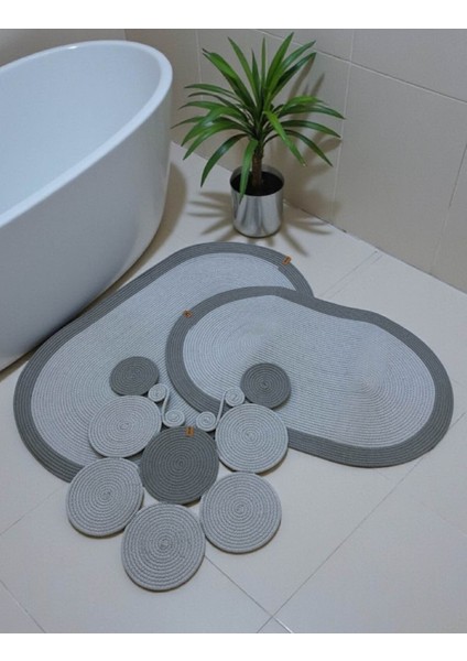Banyo Paspas Seti 3'lü El Yapımı Oval (60X100, 50X90, 51X60 Cm) | Modern Tonlar Dekoratif Paspas