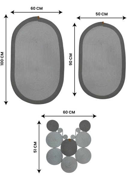 Banyo Paspas Seti 3'lü El Yapımı Oval (60X100, 50X90, 51X60 Cm) | Modern Tonlar Dekoratif Paspas indirimleri
