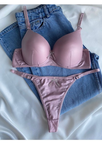 Kadın Pembe Deri Taşlı Fiyonklu Balenli Destekli Dolgulu Push Up Sütyen Takımı Iç Çamaşırı Takımı
