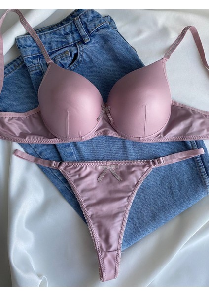 Kadın Pembe Deri Taşlı Fiyonklu Balenli Destekli Dolgulu Push Up Sütyen Takımı Iç Çamaşırı Takımı fiyatları