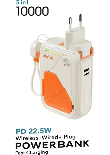 5'in 1 Pd 22.5W Hızlı Şarj Powerbank - 10000MAH, Kablolu ve Kablosuz Standlı Çoklu Fişli Şarj Cihazı