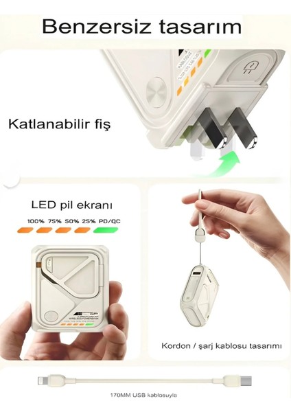 5'in 1 Pd 22.5W Hızlı Şarj Powerbank - 10000MAH, Kablolu ve Kablosuz Standlı Çoklu Fişli Şarj Cihazı fiyatları