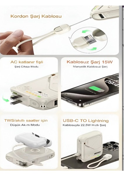 5'in 1 Pd 22.5W Hızlı Şarj Powerbank - 10000MAH, Kablolu ve Kablosuz Standlı Çoklu Fişli Şarj Cihazı fırsatları