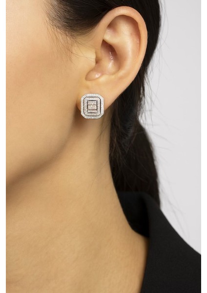 925 Ayar Gerçek Gümüş Taşlı Geometrik Model Kadın Küpe – Kare Form Işıltılı Küpe