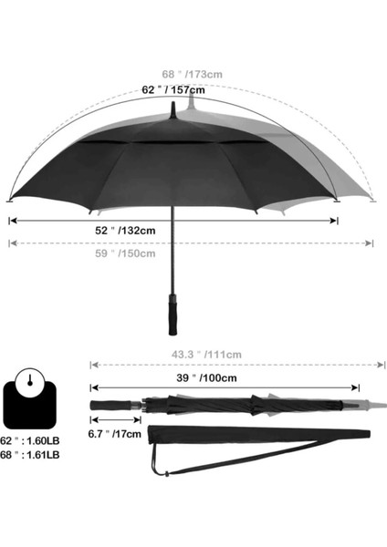 Çift Katlı Siyah 8 Telli Yumuşak Saplı 157 cm Çaplı Şemsiye fırsatları