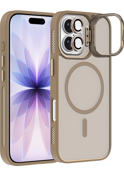 Apple iPhone 17 Lens Hediyeli Kapak Kamera Korumalı Wireless Şarj Özellikli Standlı Premium Kılıf - Çöl Titanyum fiyatları