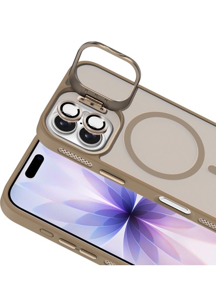 Apple iPhone 17 Lens Hediyeli Kapak Kamera Korumalı Wireless Şarj Özellikli Standlı Premium Kılıf - Çöl Titanyum modelleri
