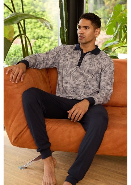 Jakarlı Yakalı Patlı Bilekli Erkek Pijama Takım