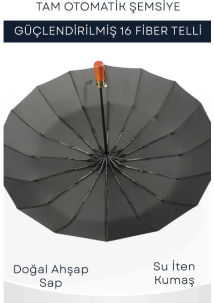 Tam Otomatik Siyah 16 Telli Erkek Şemsiye, Dayanıklı ve Geniş Korumalı modelleri