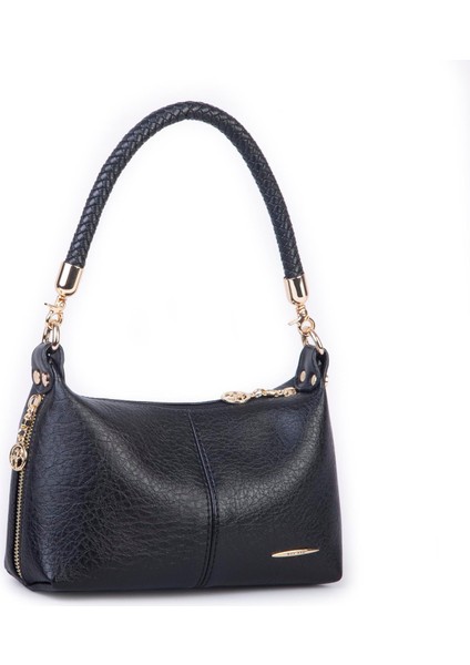 1469 Kadın Mini Omuz ve Çapraz Çanta Örgülü Askılı (En: 23 cm , Boy: 14 Cm) Siyah
