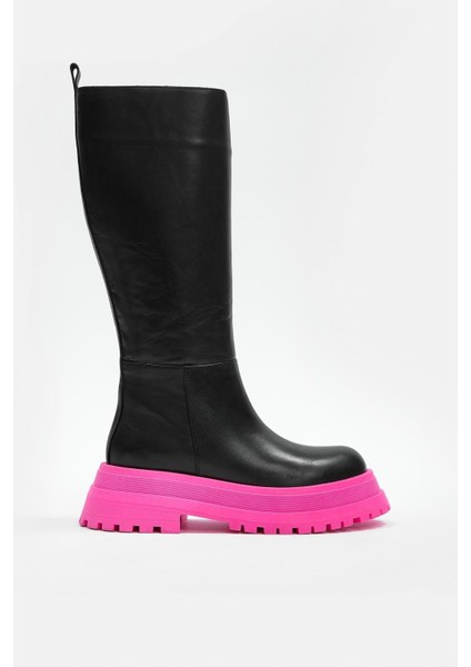 Vanessa Siyah Hakiki Deri Pembe Kalın Tabanlı Kadın Çizme