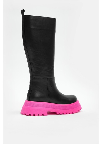 Vanessa Siyah Hakiki Deri Pembe Kalın Tabanlı Kadın Çizme