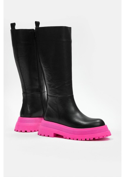 Vanessa Siyah Hakiki Deri Pembe Kalın Tabanlı Kadın Çizme