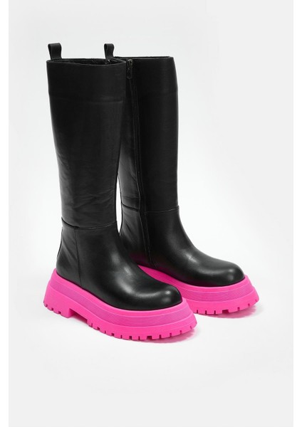 Vanessa Siyah Hakiki Deri Pembe Kalın Tabanlı Kadın Çizme