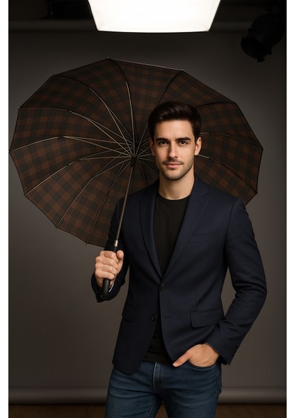 Dayanıklı Ekose Şemsiye, Rüzgara Karşı Güçlü ve Şık Tasarım, Kahverengi indirimleri