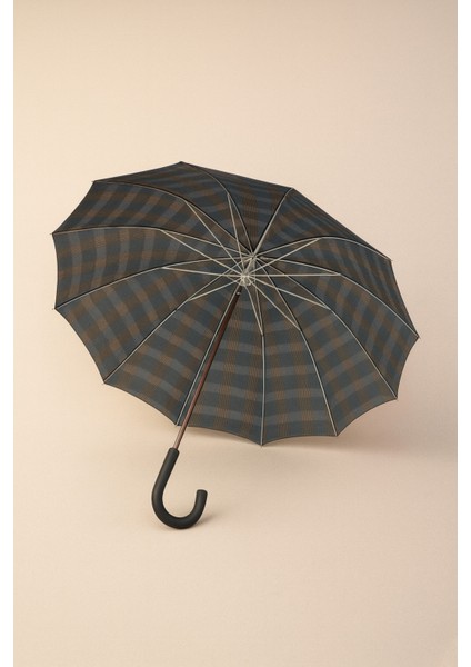 Dayanıklı Ekose Şemsiye, Rüzgara Karşı Güçlü ve Şık Tasarım, Kahverengi