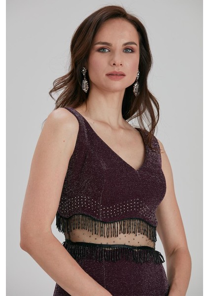 Abiye Elbise Püskül Detaylı Mor Abiye Elbise 36750MOR indirimleri